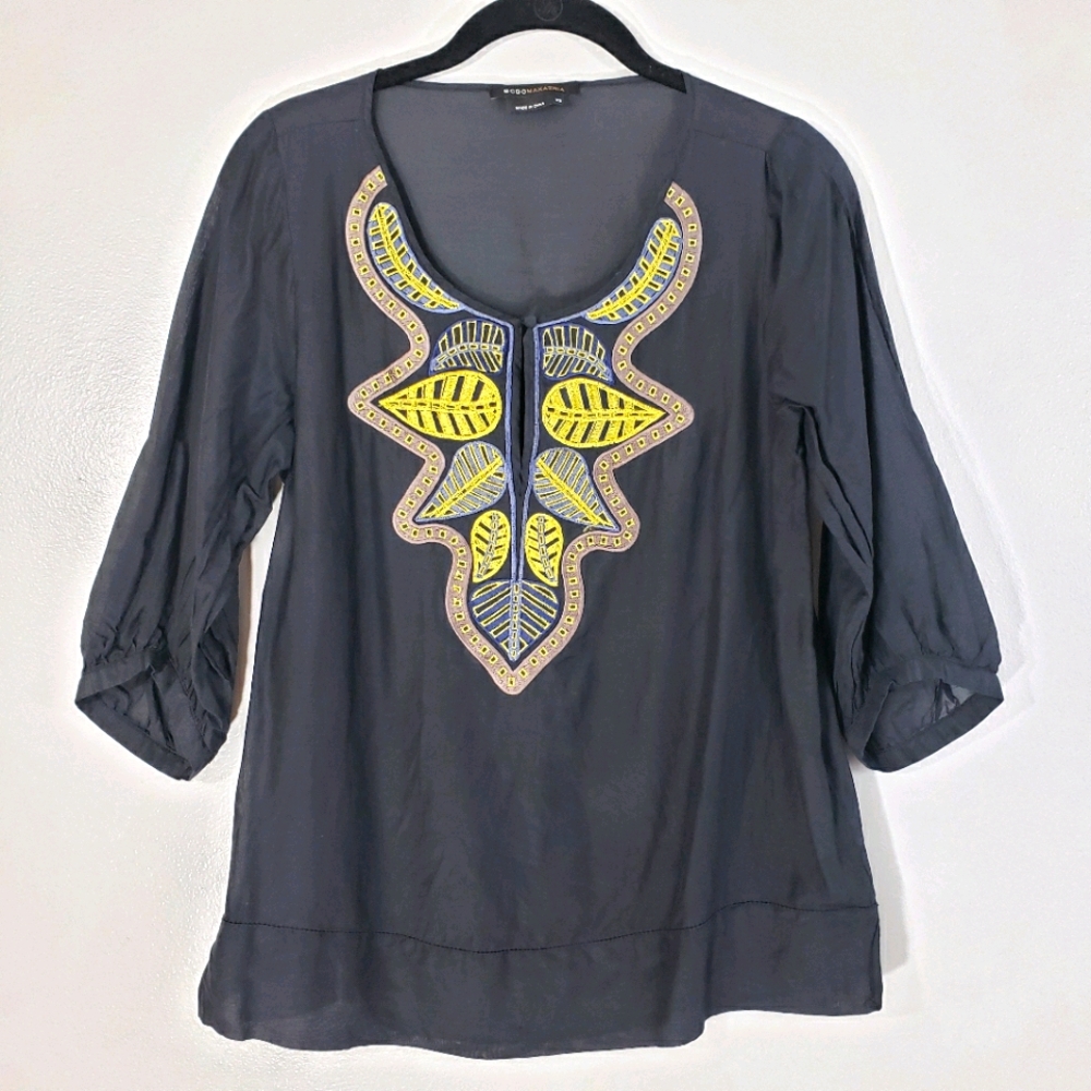 BCBG MaxAzria black silk blend embroidered blouse